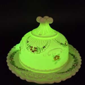 Antique Northwood Custard Uranium Butter Cheese Dish Glowing Floral Art Glass